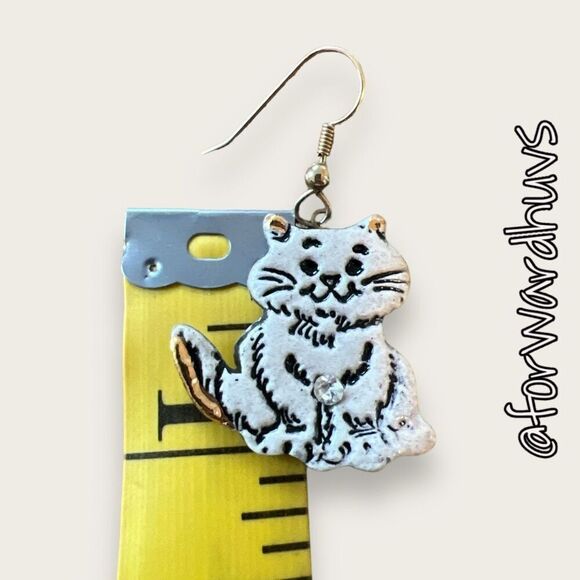 Silver Tone Cat Dangle Earrings with Rhinestone Accents - Picture 7 of 8